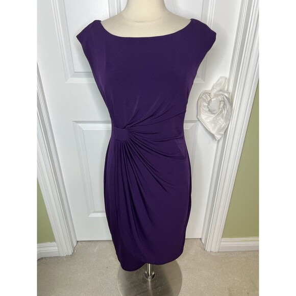 Dressbarn Women's Purple Sleeveless Faux Wrap Ruched Dress Size 12 (M) Stretchy - Picture 1 of 10